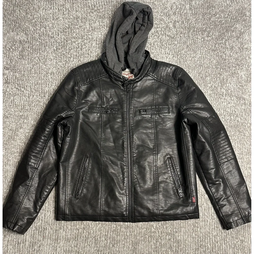 Levi's Jacket Men's L Faux Leather Moto Black Hooded Quilted Puffer Biker